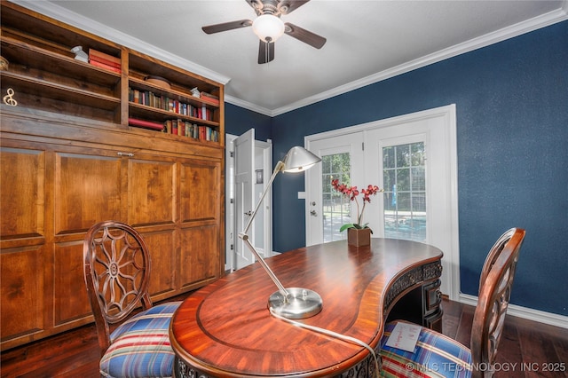 1528 Smysor Dr, Bartlesville, OK 74006 - dining room featuring a ceiling fan, dark wood-style floors, and crown molding