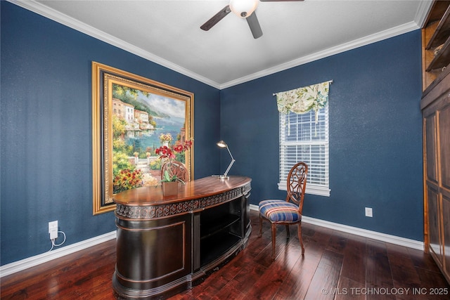 1528 Smysor Dr, Bartlesville, OK 74006 - home office with a ceiling fan, dark wood finished floors, and ornamental molding