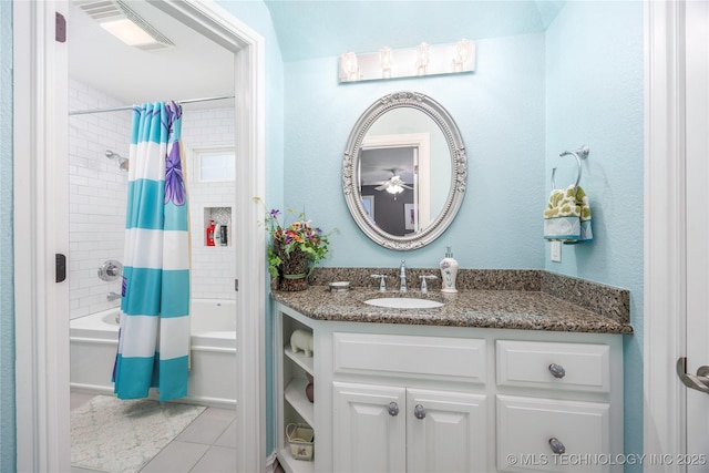 1528 Smysor Dr, Bartlesville, OK 74006 - full bathroom featuring shower / tub combo with curtain, vanity, and tile patterned flooring