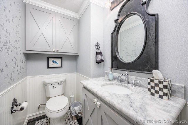 1528 Smysor Dr, Bartlesville, OK 74006 - half bath featuring vanity, crown molding, and wainscoting