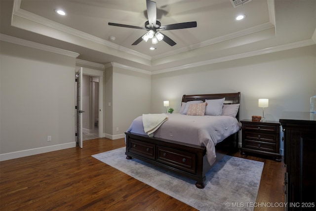 7141 E 138th Pl, Collinsville, OK 74021 - bedroom featuring a raised ceiling, dark wood-style floors, ornamental molding, and a ceiling fan