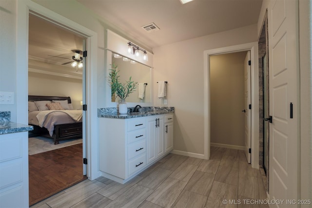 7141 E 138th Pl, Collinsville, OK 74021 - ensuite bathroom featuring vanity, a ceiling fan, and wood tiled floors