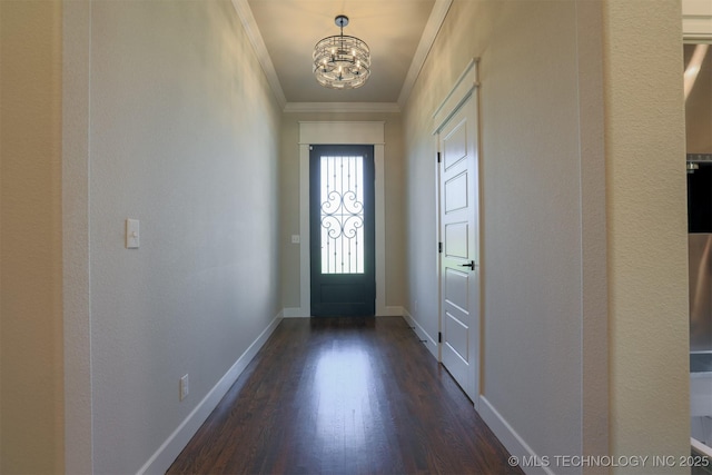 7141 E 138th Pl, Collinsville, OK 74021 - doorway to outside with a chandelier, ornamental molding, and dark wood finished floors
