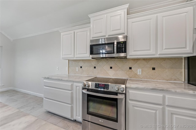 2629 S 13th St, Broken Arrow, OK 74012 - kitchen with stainless steel appliances, white cabinets, backsplash, crown molding, and light stone countertops