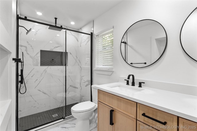 1400 W Jackson St, Broken Arrow, OK 74012 - bathroom featuring marble finish flooring, a marble finish shower, vanity, and recessed lighting