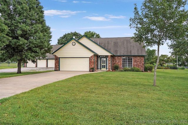 10672 E Canyon Oaks Ct, Claremore, OK 74017 - ranch-style house featuring an attached garage, a front yard, concrete driveway, and brick siding