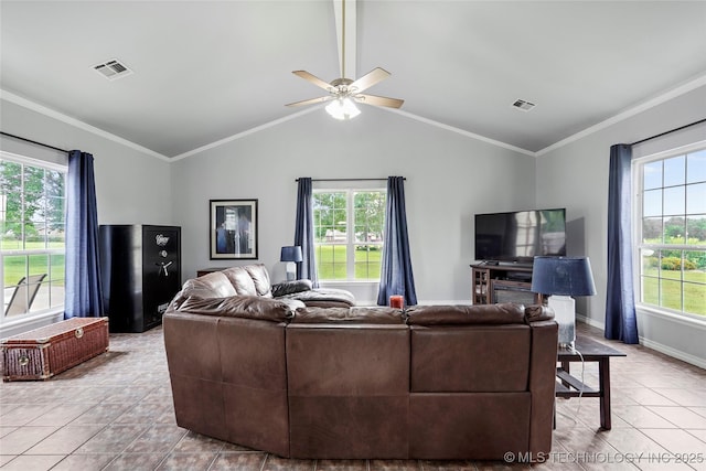 10672 E Canyon Oaks Ct, Claremore, OK 74017 - living room featuring healthy amount of natural light, light tile patterned flooring, a ceiling fan, lofted ceiling, and ornamental molding