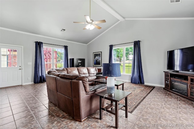 10672 E Canyon Oaks Ct, Claremore, OK 74017 - living area with tile patterned flooring, a ceiling fan, beam ceiling, high vaulted ceiling, and ornamental molding