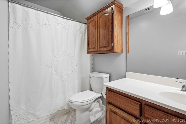 10672 E Canyon Oaks Ct, Claremore, OK 74017 - bathroom with vanity, marble finish flooring, and a shower with shower curtain