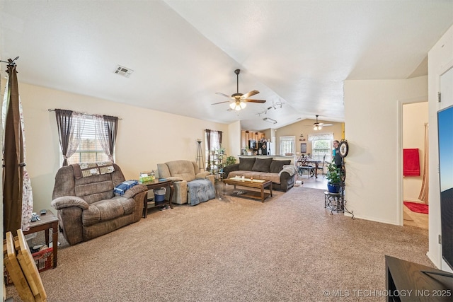 93 W Fairlane Pl, Sapulpa, OK 74066 - living room featuring lofted ceiling, a ceiling fan, and carpet floors