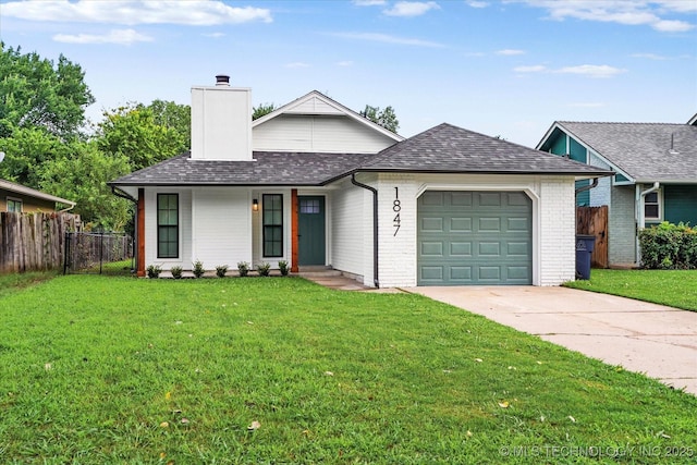 1847 W 57th Pl, Tulsa, OK 74107 - view of front of house featuring an attached garage, driveway, a chimney, a shingled roof, and brick siding