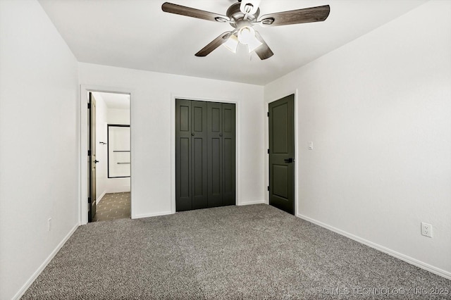 1847 W 57th Pl, Tulsa, OK 74107 - unfurnished bedroom featuring carpet, a closet, ceiling fan, and ensuite bath