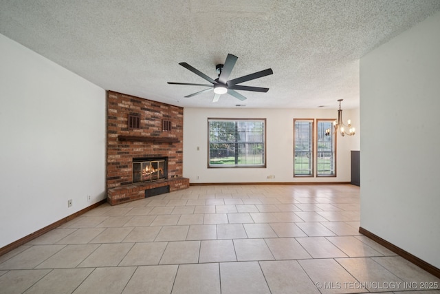 126 Birch Dr, Mannford, OK 74044 - unfurnished living room with ceiling fan, a chandelier, a textured ceiling, and a brick fireplace