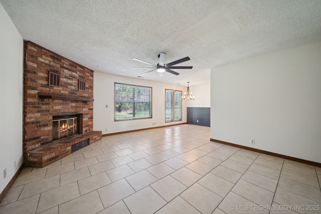 126 Birch Dr, Mannford, OK 74044 - unfurnished living room featuring a chandelier, ceiling fan, a fireplace, a textured ceiling, and light tile patterned floors