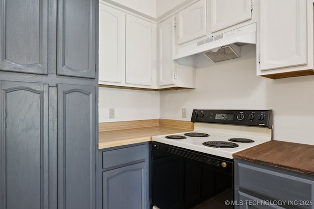 126 Birch Dr, Mannford, OK 74044 - kitchen featuring electric range, under cabinet range hood, and white cabinetry