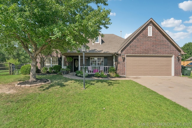 8702 N 140th Ter, Owasso, OK 74055 - traditional-style house featuring brick siding, a garage, driveway, a porch, and a shingled roof