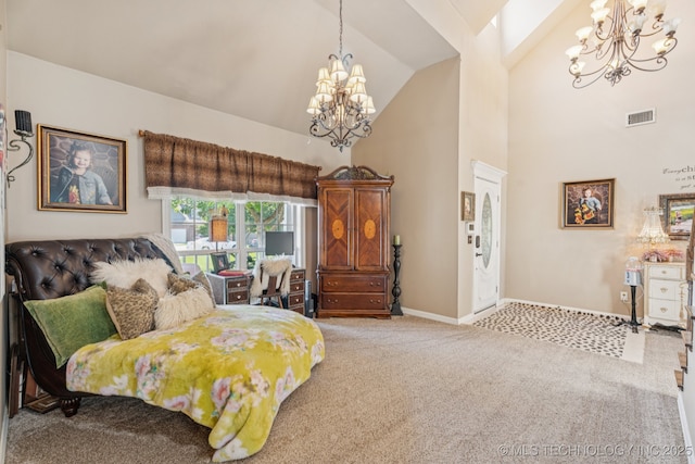 8702 N 140th Ter, Owasso, OK 74055 - bedroom featuring a chandelier, light colored carpet, and high vaulted ceiling