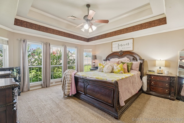8702 N 140th Ter, Owasso, OK 74055 - bedroom with carpet, a raised ceiling, ornamental molding, and multiple windows