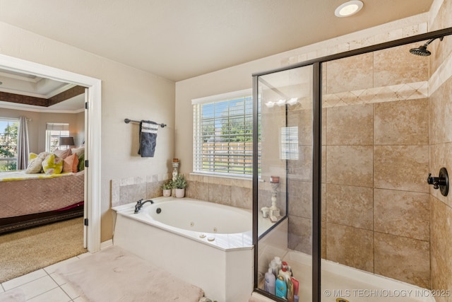 8702 N 140th Ter, Owasso, OK 74055 - bathroom with ensuite bathroom, a shower stall, a whirlpool tub, ornamental molding, and tile patterned flooring