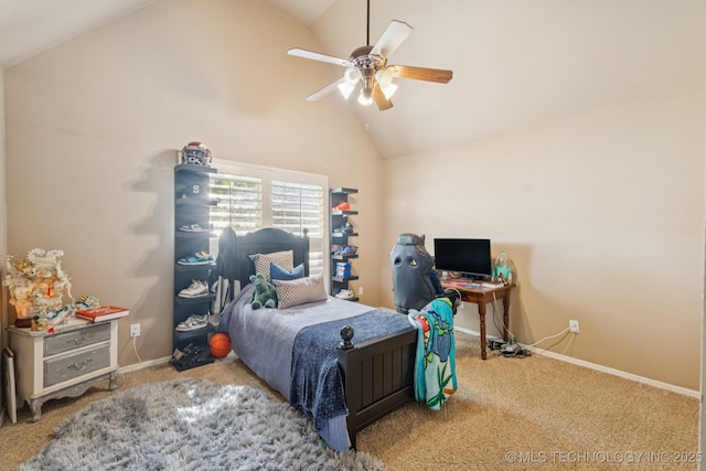 8702 N 140th Ter, Owasso, OK 74055 - bedroom featuring lofted ceiling, carpet floors, and ceiling fan