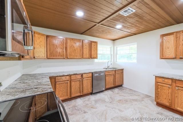 16547 County Road 1600, Ada, OK 74820 - kitchen featuring appliances with stainless steel finishes, light stone counters, wooden ceiling, brown cabinetry, and recessed lighting