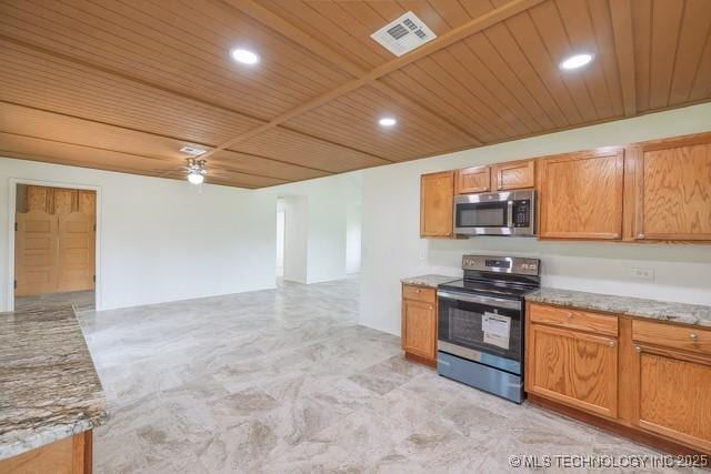 16547 County Road 1600, Ada, OK 74820 - kitchen with appliances with stainless steel finishes, wood ceiling, light stone counters, open floor plan, and recessed lighting