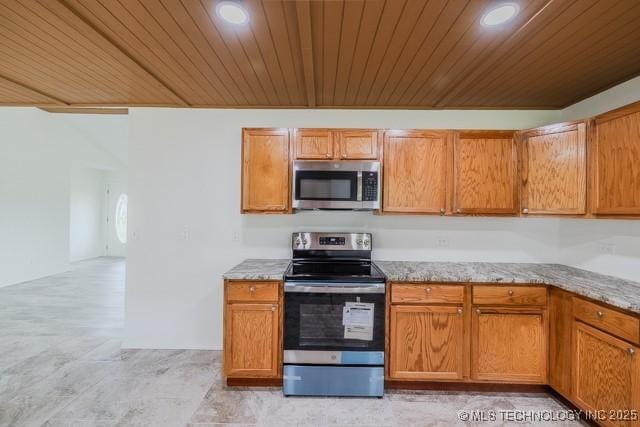 16547 County Road 1600, Ada, OK 74820 - kitchen featuring appliances with stainless steel finishes, light stone counters, wooden ceiling, recessed lighting, and brown cabinetry