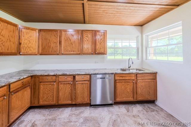 16547 County Road 1600, Ada, OK 74820 - kitchen with stainless steel dishwasher, wood ceiling, brown cabinetry, and light stone counters