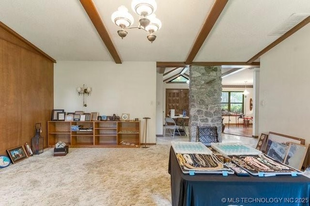12725 S 168th E Ave, Broken Arrow, OK 74011 - living room with a chandelier, carpet floors, beam ceiling, and ornate columns