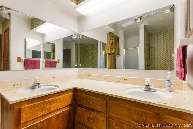 12725 S 168th E Ave, Broken Arrow, OK 74011 - bathroom featuring double vanity, ceiling fan, and a stall shower