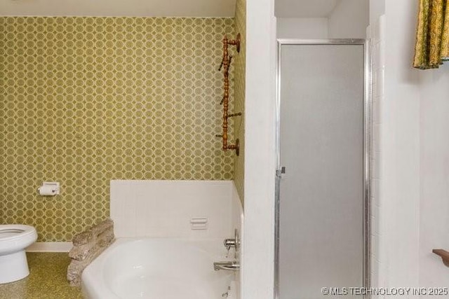 12725 S 168th E Ave, Broken Arrow, OK 74011 - bathroom with a shower stall, a garden tub, and wallpapered walls
