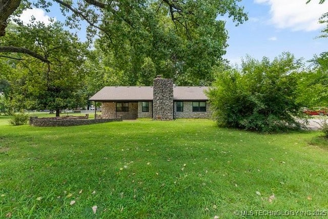 12725 S 168th E Ave, Broken Arrow, OK 74011 - ranch-style house featuring a front lawn, a chimney, and stone siding