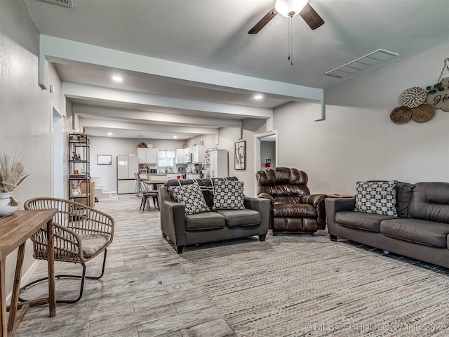 310 W Lee Ave, Sapulpa, OK 74066 - living area with light wood-style flooring, ceiling fan, beam ceiling, and recessed lighting