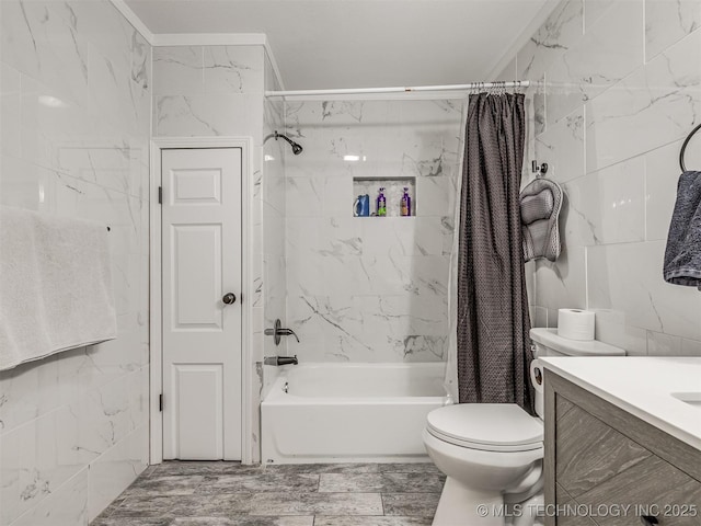 310 W Lee Ave, Sapulpa, OK 74066 - bathroom featuring shower / tub combo, vanity, and tile walls