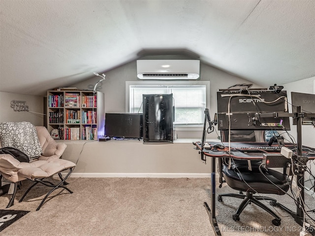 310 W Lee Ave, Sapulpa, OK 74066 - carpeted home office featuring an AC wall unit, vaulted ceiling, and a textured ceiling