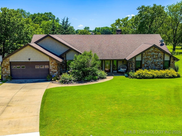 6429 Clear Creek Loop, Bartlesville, OK 74006 - craftsman house featuring stone siding, a garage, driveway, a front yard, and roof with shingles