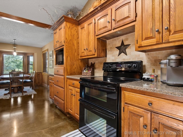6429 Clear Creek Loop, Bartlesville, OK 74006 - kitchen featuring black appliances, backsplash, finished concrete flooring, a textured ceiling, and brown cabinetry