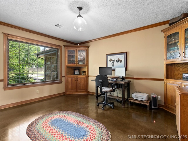 6429 Clear Creek Loop, Bartlesville, OK 74006 - home office with a textured ceiling, concrete floors, and crown molding