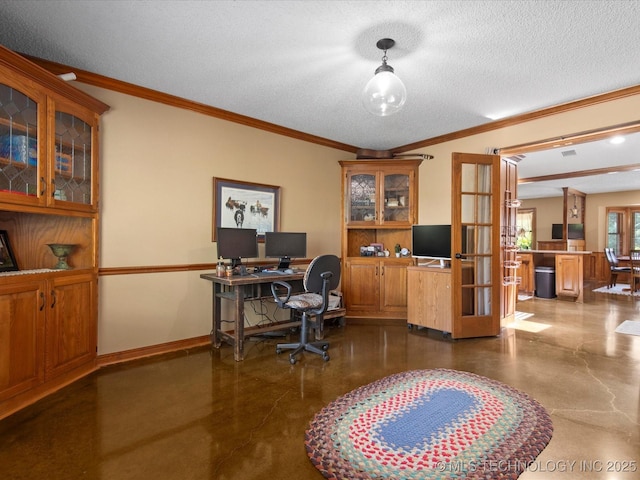 6429 Clear Creek Loop, Bartlesville, OK 74006 - office with french doors, ornamental molding, and a textured ceiling