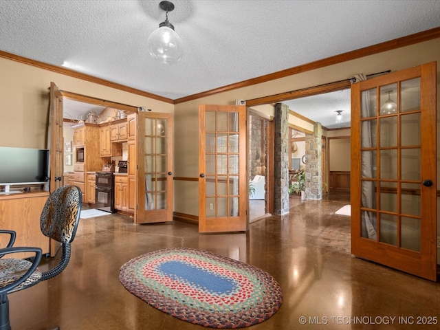 6429 Clear Creek Loop, Bartlesville, OK 74006 - office space featuring french doors, concrete floors, a textured ceiling, and crown molding