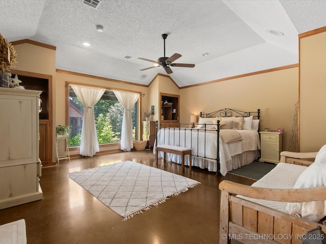 6429 Clear Creek Loop, Bartlesville, OK 74006 - bedroom with lofted ceiling, a textured ceiling, ornamental molding, and a ceiling fan