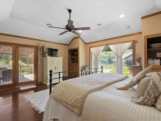 6429 Clear Creek Loop, Bartlesville, OK 74006 - bedroom featuring vaulted ceiling, access to outside, a textured ceiling, crown molding, and wood finished floors