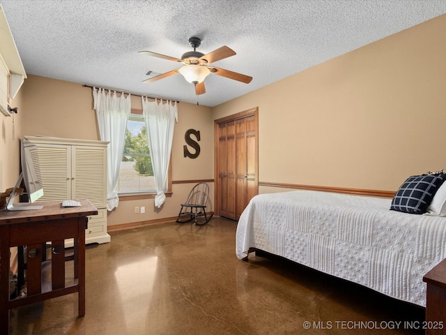 6429 Clear Creek Loop, Bartlesville, OK 74006 - bedroom with concrete floors, a textured ceiling, a closet, and a ceiling fan