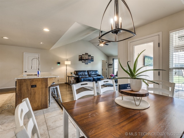 3409 E Quebec St, Broken Arrow, OK 74014 - dining area with lofted ceiling, ceiling fan, recessed lighting, and light tile patterned floors