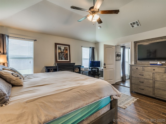 3409 E Quebec St, Broken Arrow, OK 74014 - bedroom with lofted ceiling, dark wood-style flooring, and ceiling fan