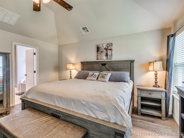 3409 E Quebec St, Broken Arrow, OK 74014 - bedroom featuring wood finished floors, high vaulted ceiling, ensuite bathroom, and ceiling fan