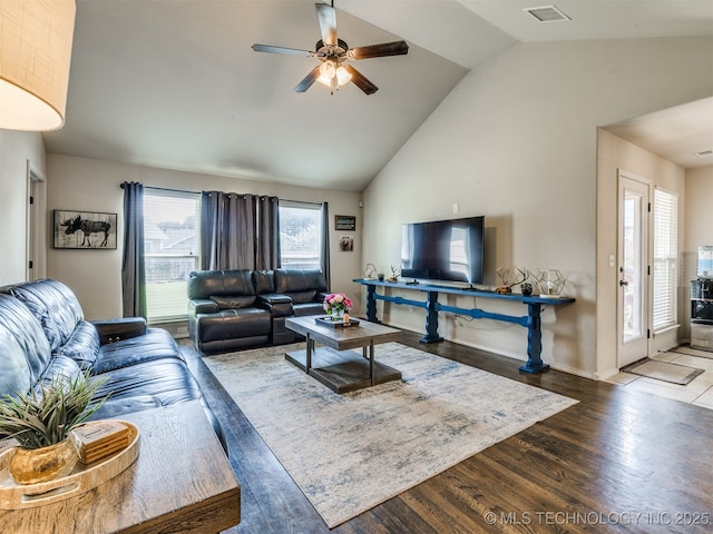 3409 E Quebec St, Broken Arrow, OK 74014 - living room featuring wood finished floors, a ceiling fan, and high vaulted ceiling