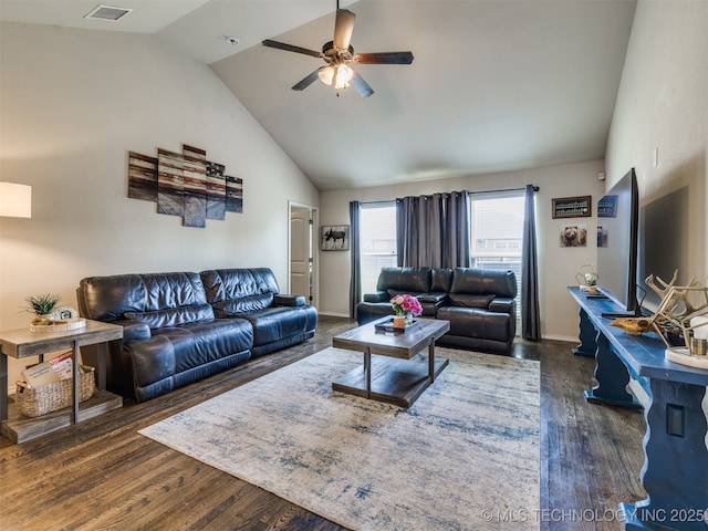 3409 E Quebec St, Broken Arrow, OK 74014 - living room with vaulted ceiling, ceiling fan, and wood finished floors