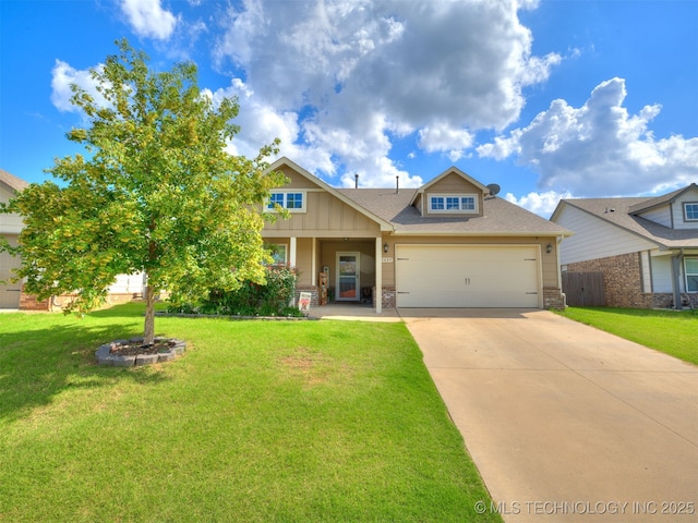3409 E Quebec St, Broken Arrow, OK 74014 - craftsman house with concrete driveway, a garage, board and batten siding, and stone siding