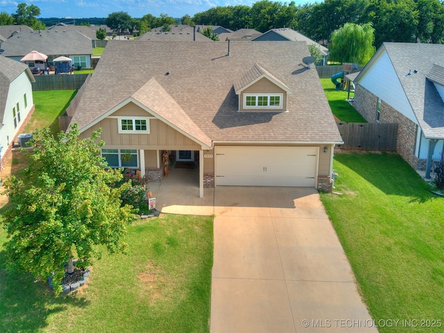 3409 E Quebec St, Broken Arrow, OK 74014 - view of front of house featuring a shingled roof, a garage, concrete driveway, board and batten siding, and a residential view